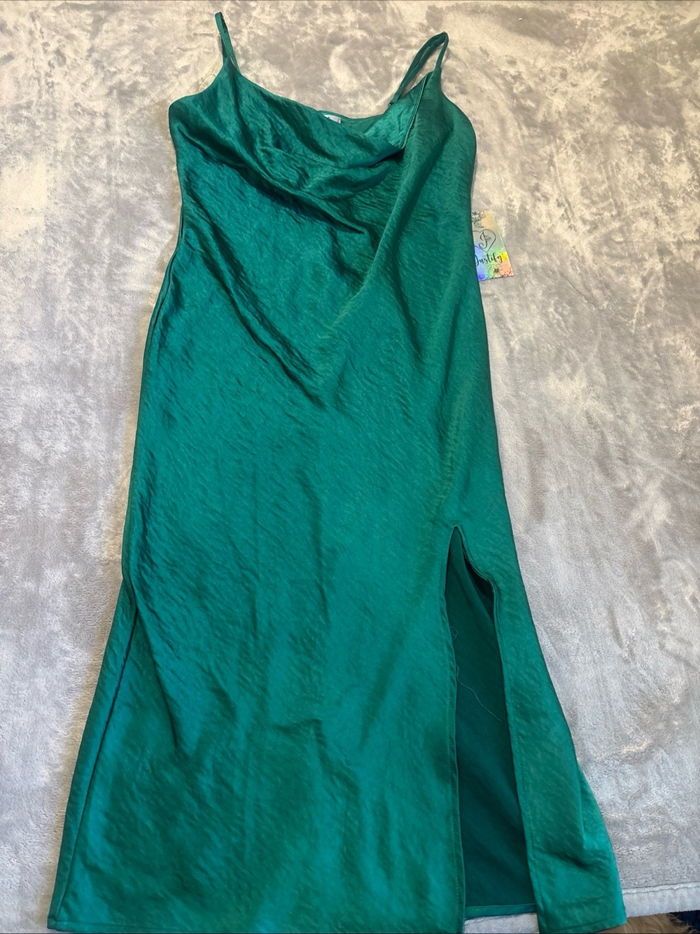 Justify Emerald Cowl Neck Midi Satin Dress Spaghetti Strap Sz L NEW Formal